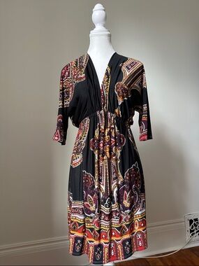 COSTA BLANCA Y2K Paisley Boho Hippie Vneck Long Sleeve Midi Dress Size Medium